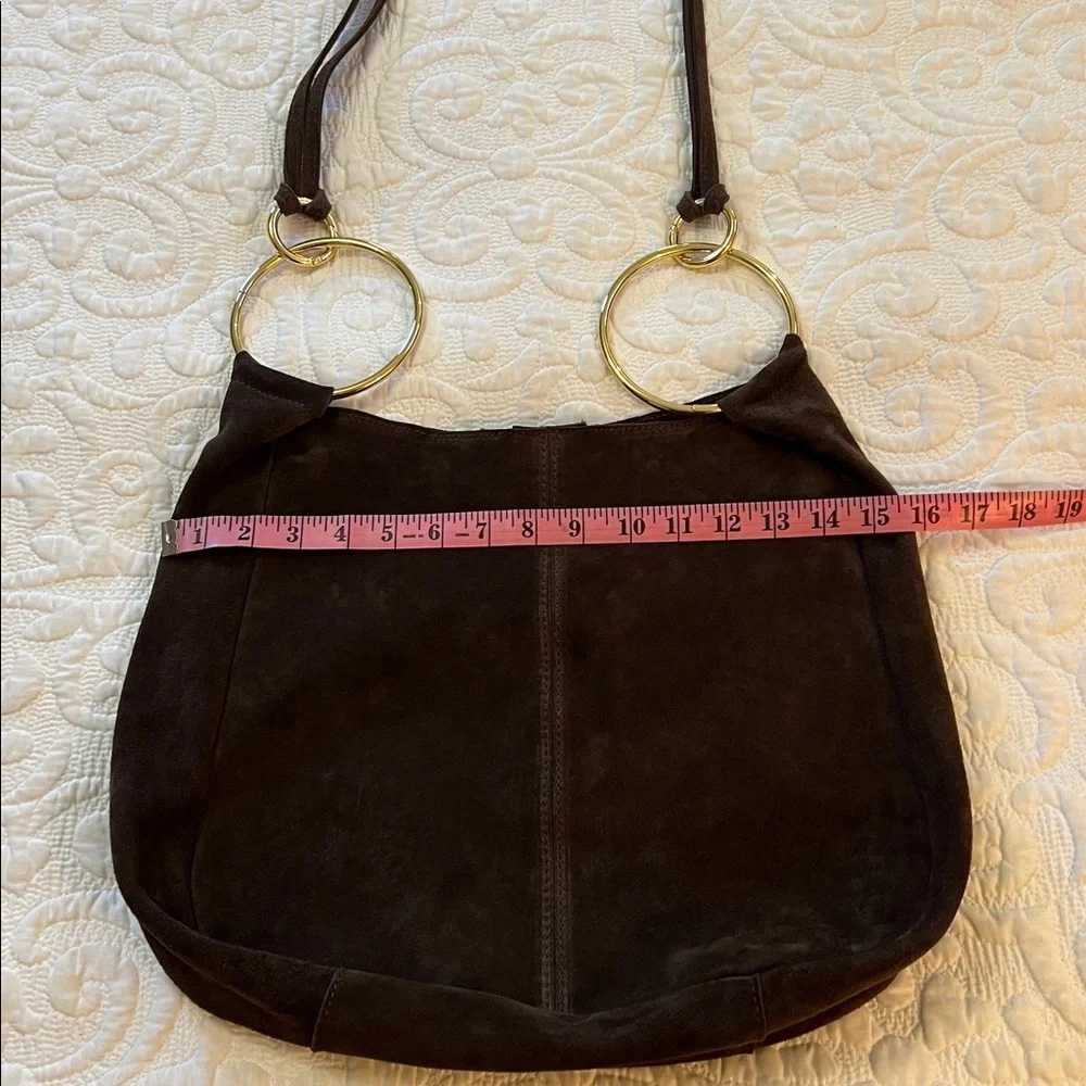 Claudia Firenze Suede Crossbody Slouchy Hobo Tote Bag Chocolate Brown Gold Ring